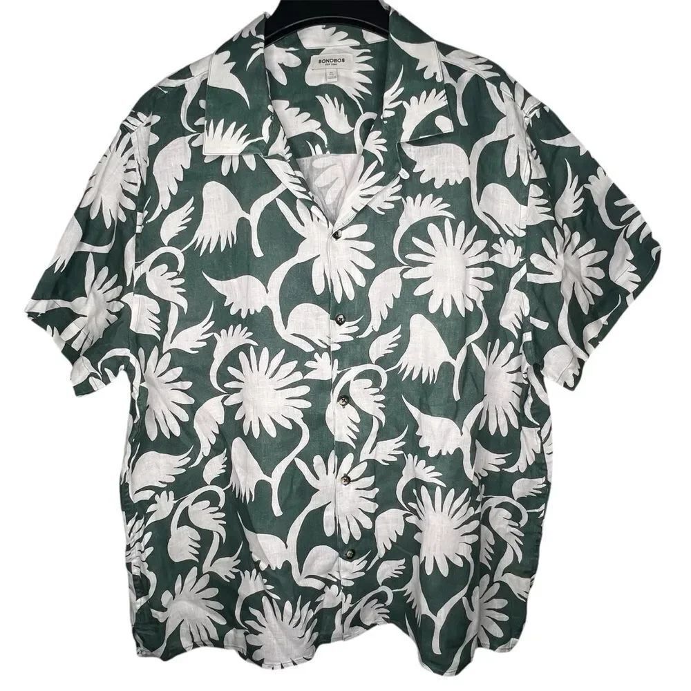 BONOBOS Resort Riviera Floral Green/White Linen Short Sleeve Men’s Shirt Sz XL